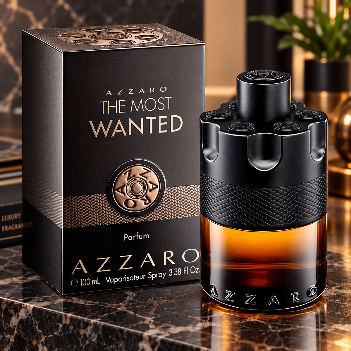 A 100 ml bottle of Azzaro The Most Wanted Parfum next to its black and gold packaging box, displayed on a polished dark marble surface with a blurred luxury interior background.