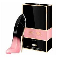 Giorgio Armani 'L'Amore' Eau de Toilette perfume bottle shaped like a high-heeled shoe in pink and black, shown next to its black and pink packaging box.