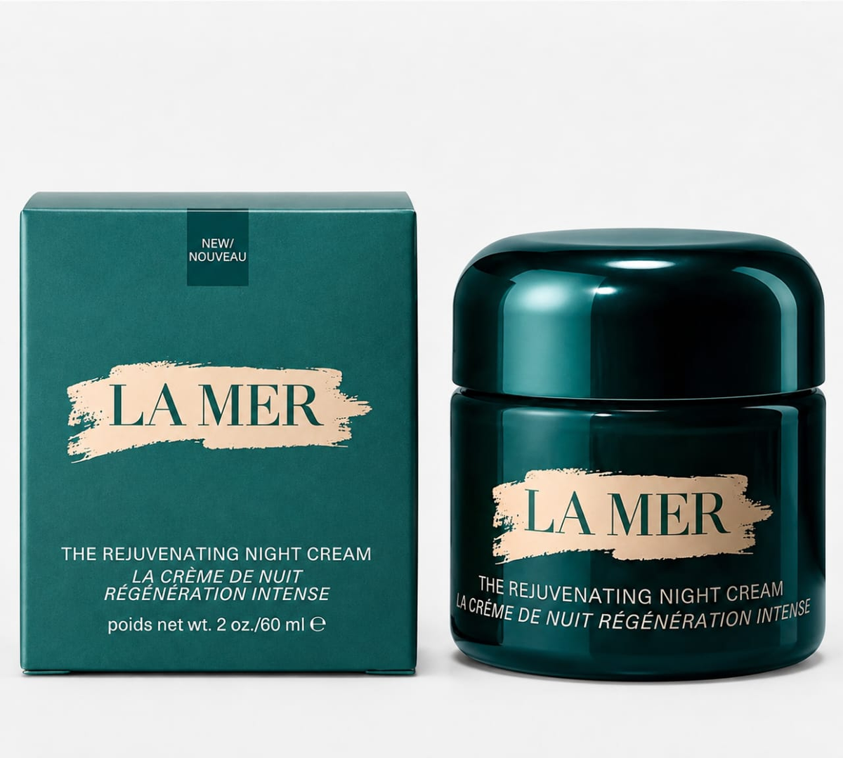 La Mer The Rejuvenating Night Cream shown with its dark teal packaging box and matching glossy jar on a clean white background.