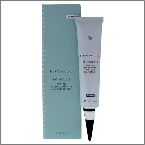 SkinCeuticals Retinol 0.3 Retining Night Cream with Cica Pure Retinol tube in white, shown next to its light blue packaging box on a white background.