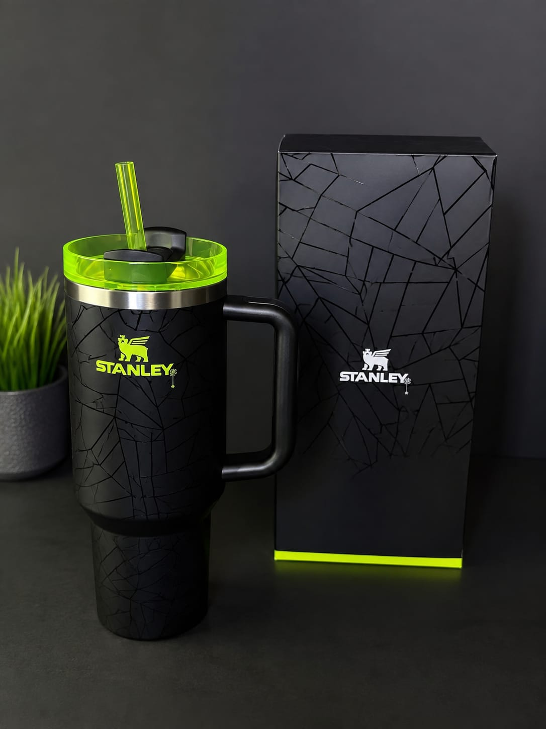 Stanley Black & Neon Green Insulated Tumbler with Handle and Straw