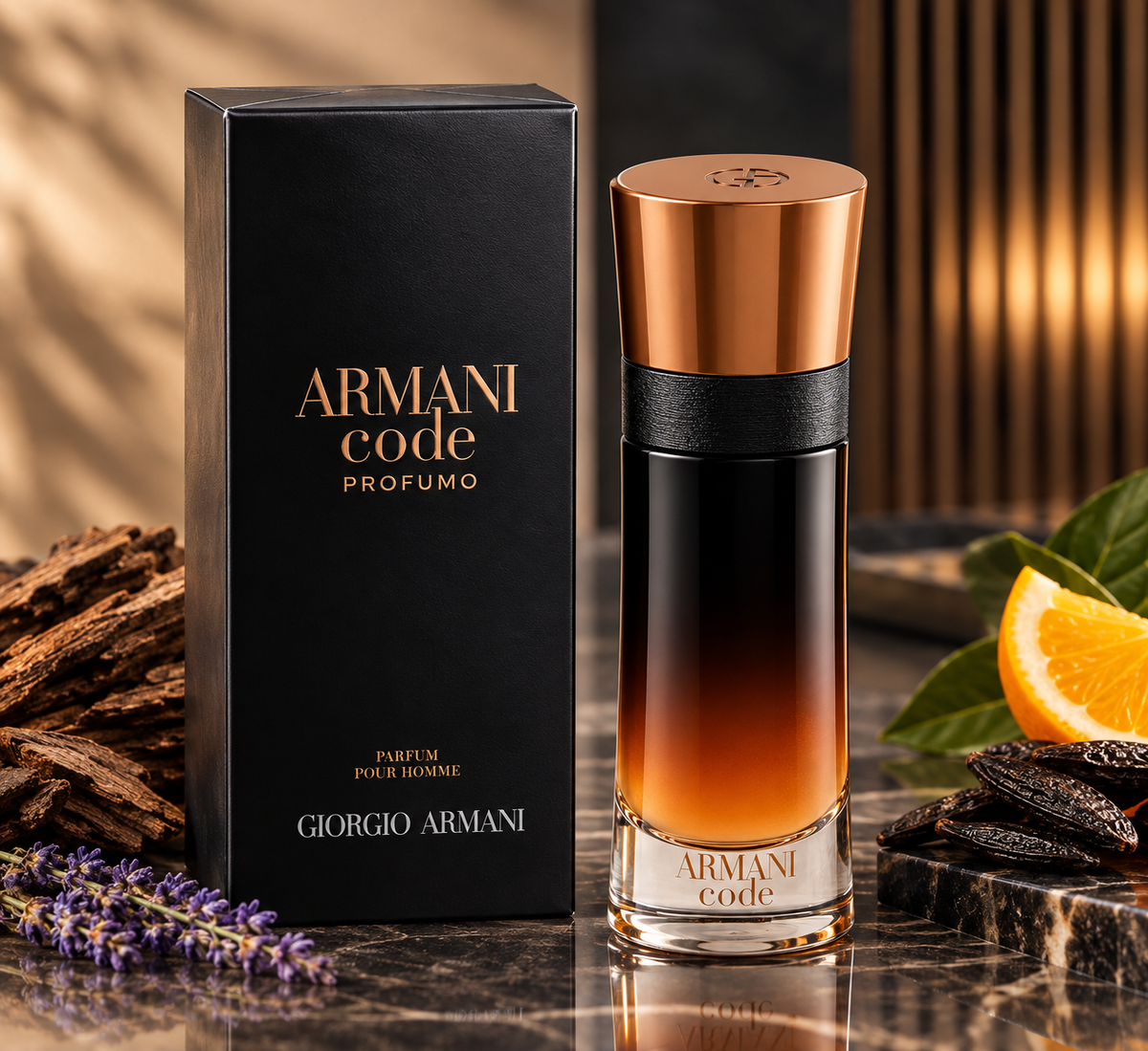 Armani Code Profumo perfume bottle and its black packaging box, styled on a marble surface with wood, lavender, and orange slices.