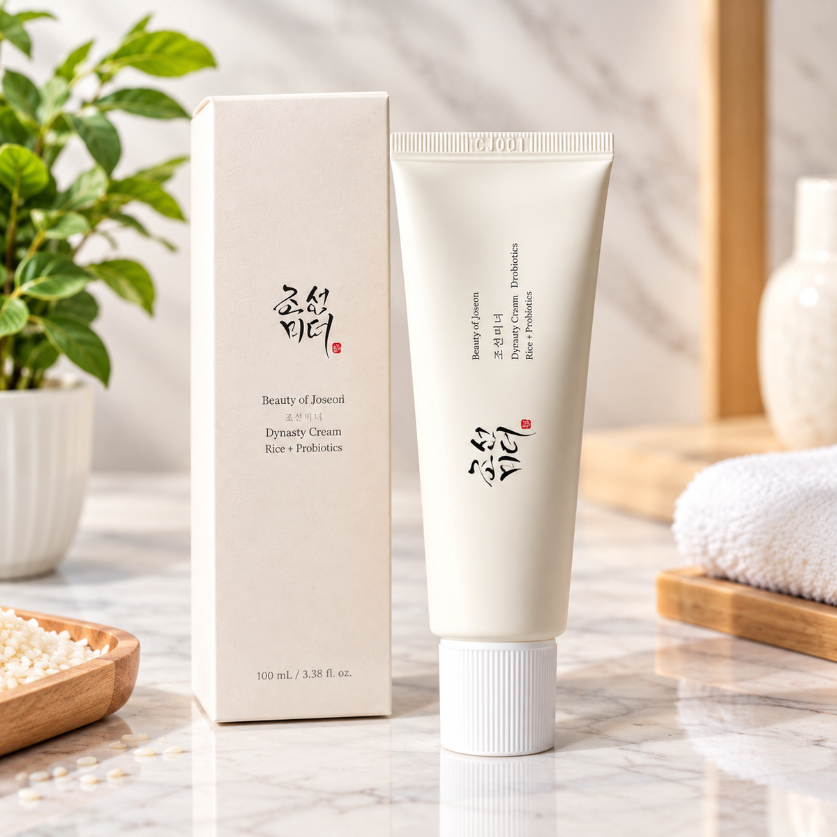 Beauty of Joseon Dynasty Cream Face & Probioactive tube in off-white with a matching cream box, styled on a marble surface with a green plant and wooden props in the background.