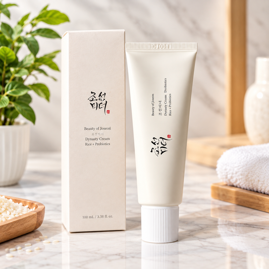 Beauty of Joseon Dynasty Cream Face & Probioactive tube in off-white with a matching cream box, styled on a marble surface with a green plant and wooden props in the background.