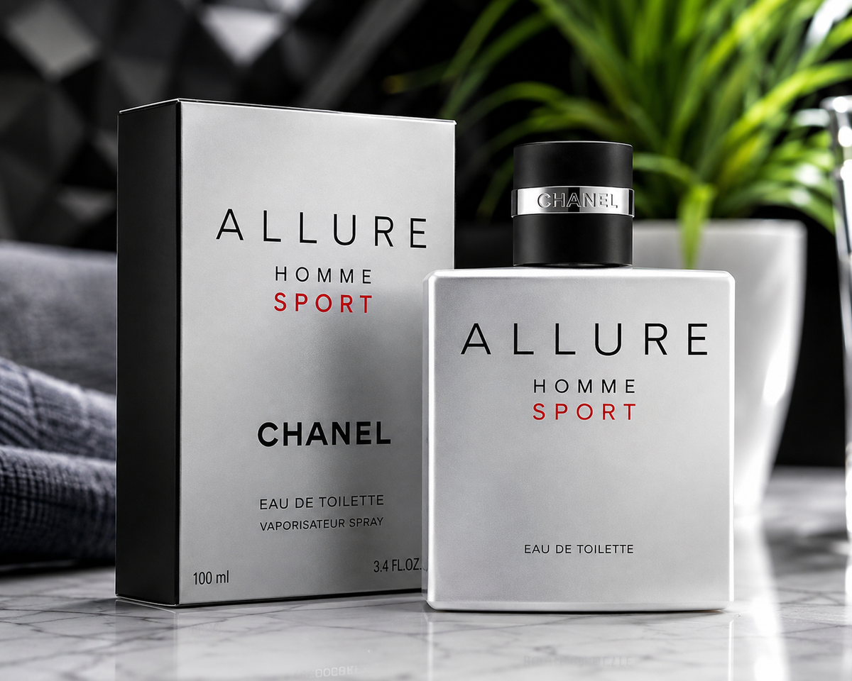 Chanel Allure Homme Sport Eau de Toilette shown with its retail box and bottle on a marble surface, with a blurred sofa and green plant in the background.