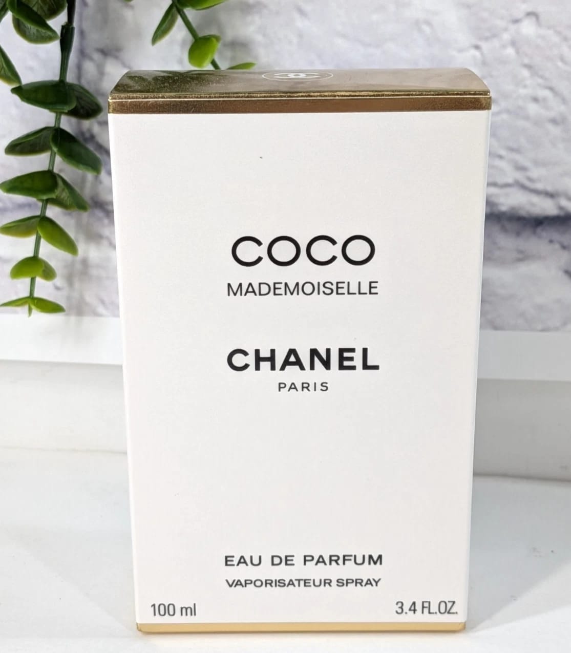 Chanel Coco Mademoiselle Eau de Parfum 100ml box, featuring a clean white front with black lettering and a metallic gold top and bottom trim, set against a light textured background with a green plant leaf on the left.