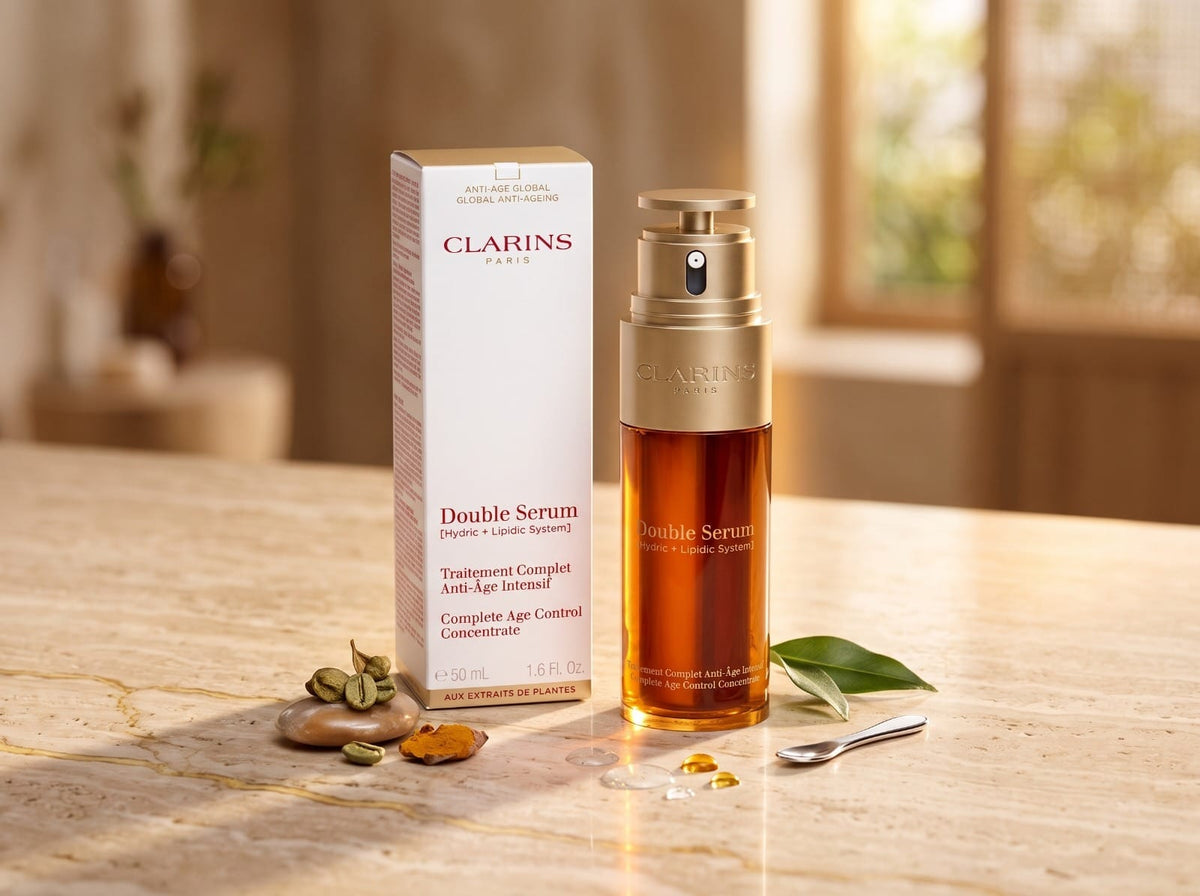 Clarins Double Serum skincare set featuring a gold pump bottle and its white packaging box, styled on a marble countertop with natural ingredients.