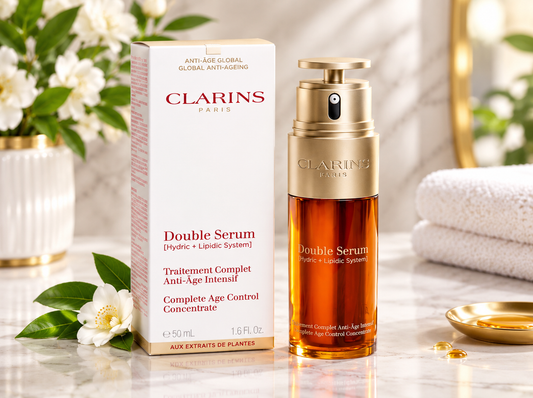 Clarins Double Serum skincare bottle with a gold pump next to its white and gold packaging box, styled on a marble surface with white flowers and folded towels in the background.