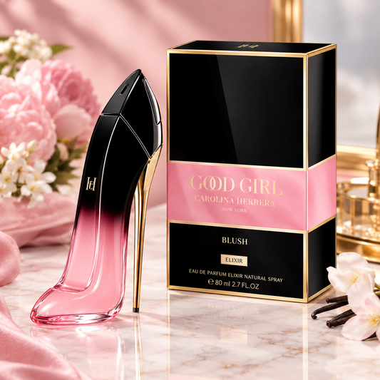 God Girl Blush Carolina Herrera perfume bottle shaped like a high-heeled shoe in pink and black, displayed next to its black and pink packaging box with gold trim on a marble surface with pink flowers in the background.