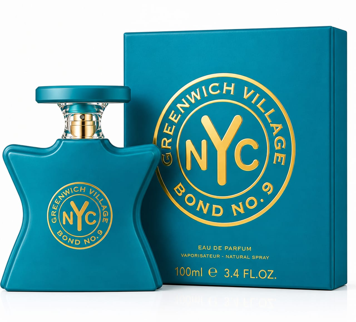 Greenwich Village Bond No. 9 Eau de Parfum bottle and its matching blue box with gold lettering, on a white background.