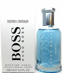 Hugo Boss Bottled Tonic for men, 100 ml bottle with a silver cap next to its white and black cardboard packaging box.