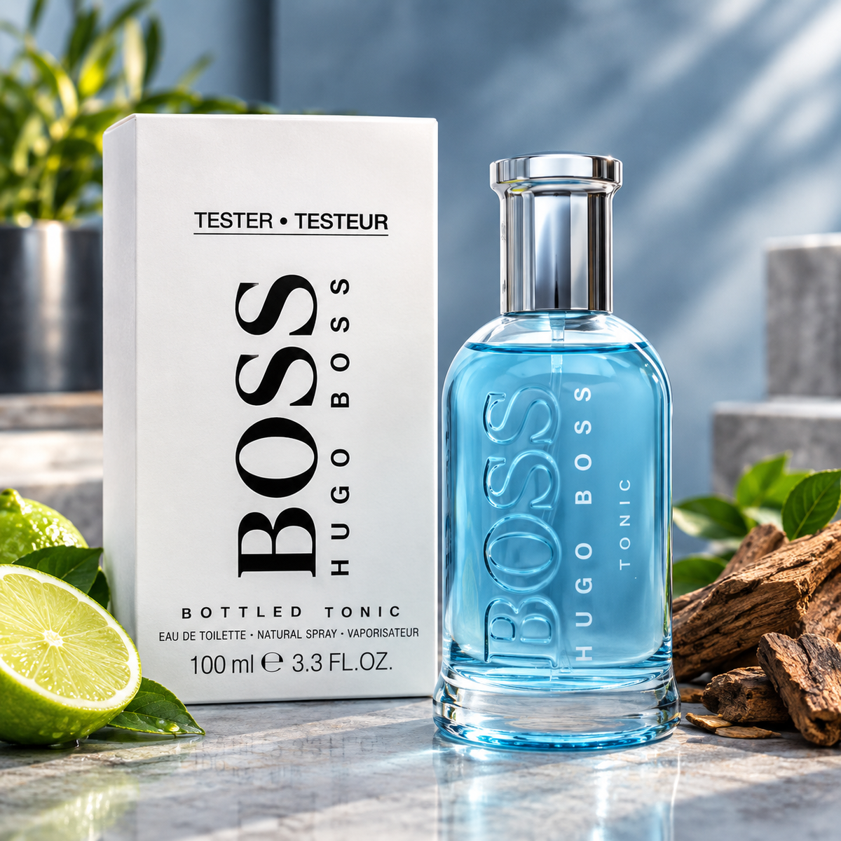 Hugo Boss BOTTLED TONIC perfume bottle in translucent light blue glass with a silver cap, shown beside its white retail box. The scene is styled on a stone surface with lime slices, leaves, and wood pieces, and the background is a soft blue-gray studio set.