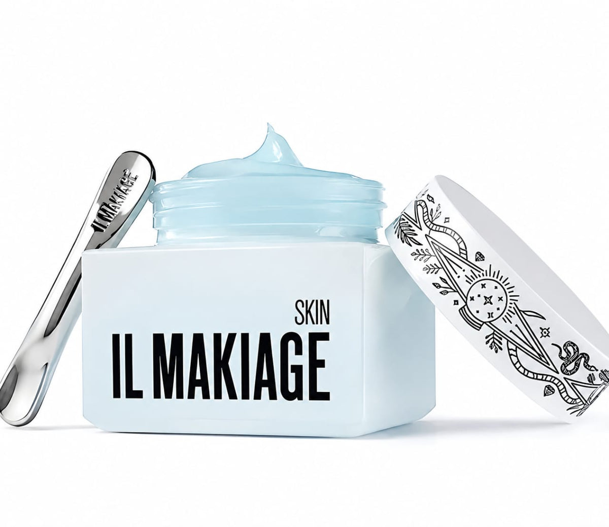 A cosmetic cream jar with its lid off, showing a light blue cream inside. The jar is white with black text reading 'SKIN IL MAKIAGE'.