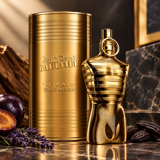 Jean Paul Gaultier Le Male Elixir Absolu perfume bottle and matching cylindrical tin, both in metallic gold, styled on a dark marble surface with fruit and lavender props.