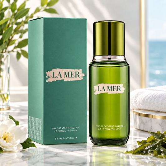 La Mer The Treatment Lotion in a green glass bottle with a metallic green cap, shown next to its teal-green packaging box on a marble surface with spa props including a white flower, leaves, and a folded towel.