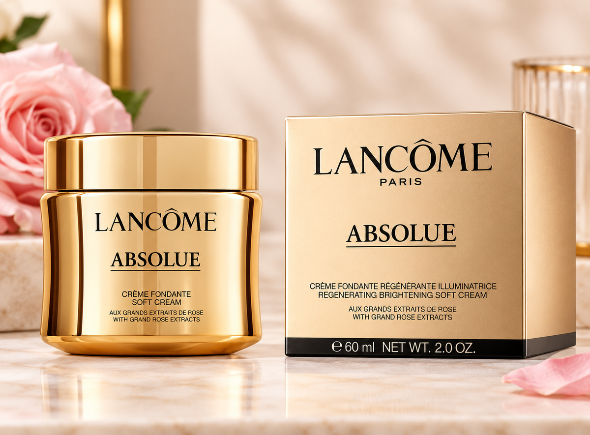 Lancôme Absolue brightening soft cream in a shiny gold jar next to its matching gold box, set on a marble surface with soft pink rose petals and a blurred rose background.