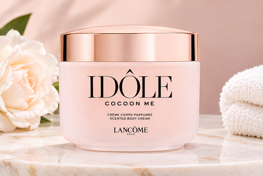 Lancôme Idôle Cocoon Me scented body cream in a frosted pale pink jar with a metallic rose gold lid, displayed on a marble surface with a white rose and folded white towels in the background.