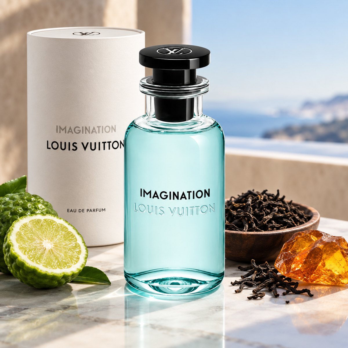 Louis Vuitton Imagination Eau de Parfum bottle with light blue liquid, displayed next to its white cylindrical box, a lime half, a whole lime, a bowl of dark tea leaves, and an amber crystal on a marble surface with a scenic background.
