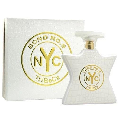Bond No. 9 NYC TriBeCa perfume bottle and its white textured packaging box, both featuring a gold circular logo.