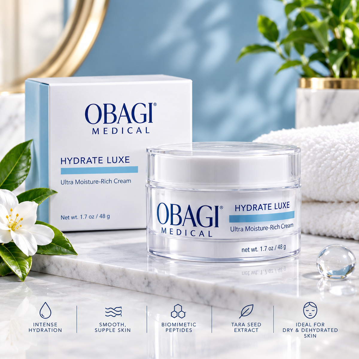 A jar of Obagi Medical Hydrate Luxe Ultra Moisture-Rich Cream sits on a white marble surface next to its white and blue packaging box. The scene is styled with a white flower, a green plant, a folded white towel, and a blue background.