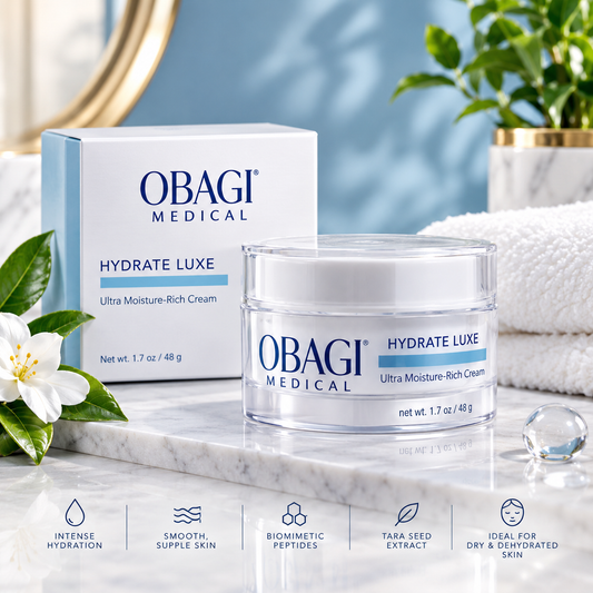 A jar of Obagi Medical Hydrate Luxe Ultra Moisture-Rich Cream sits on a white marble surface next to its white and blue packaging box. The scene is styled with a white flower, a green plant, a folded white towel, and a blue background.