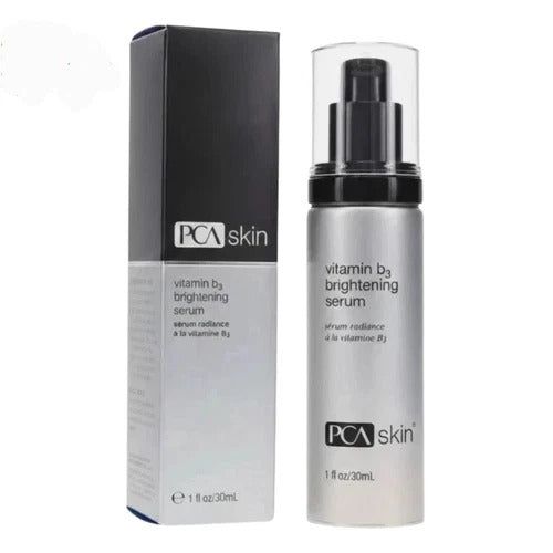 PCA skin Vitamin B3 Brightening Serum shown with its black and white packaging box and the silver pump bottle with a clear cap.