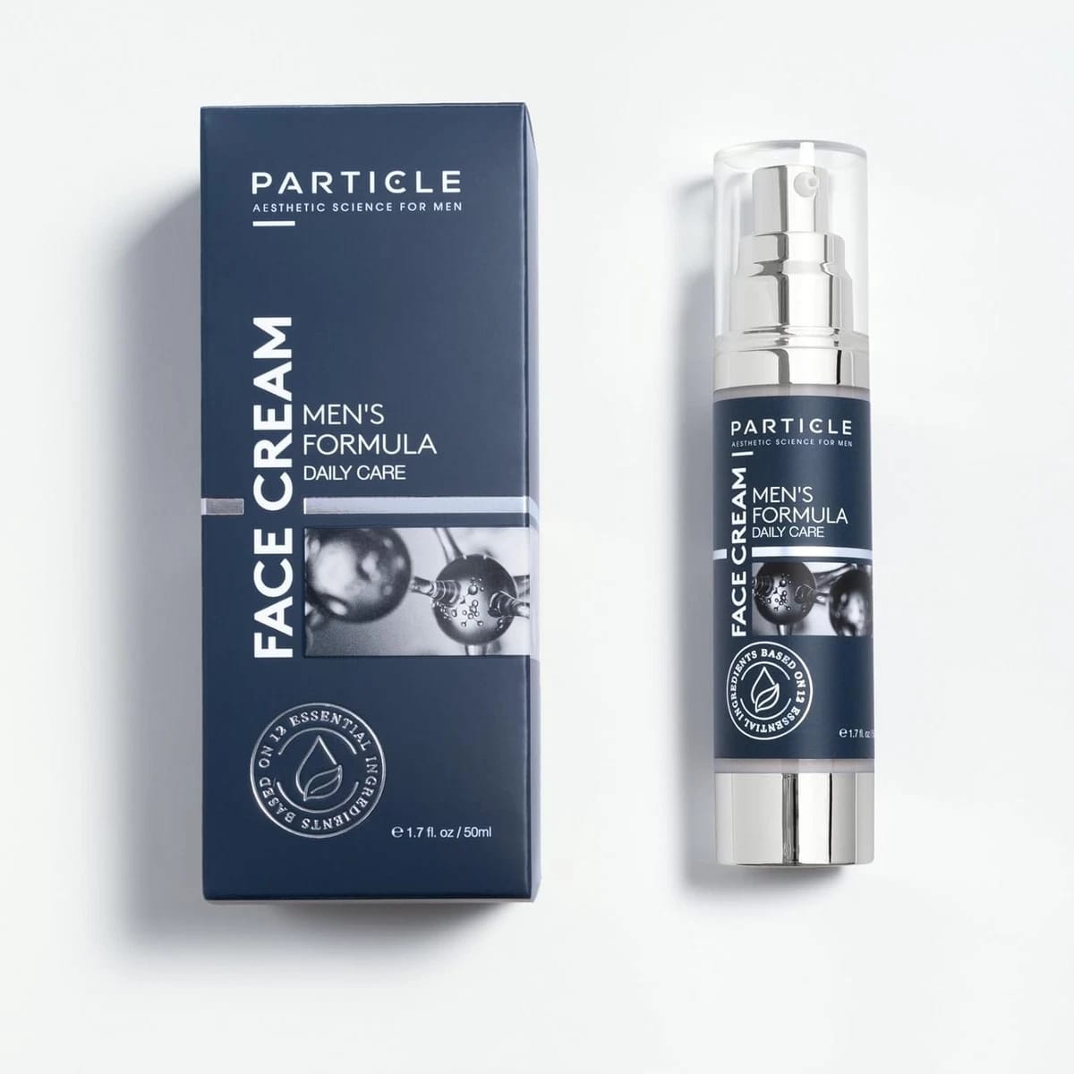 Particle Face Cream Men's Formula Daily Care shown with its navy blue outer box and the matching cylindrical pump bottle with a clear cap, on a clean white background.