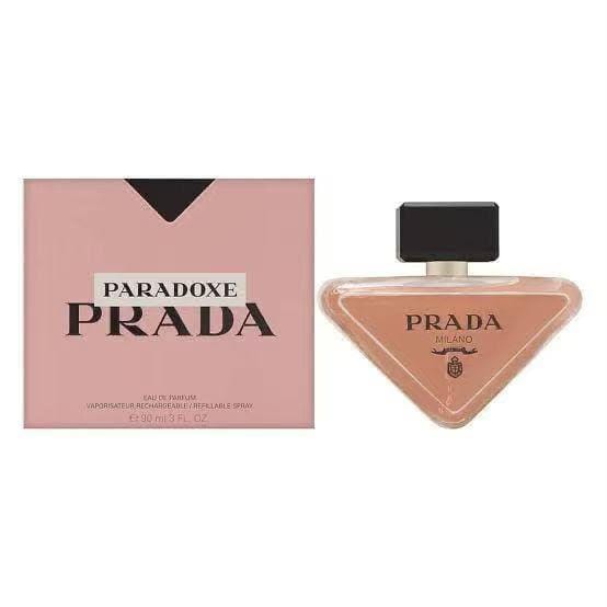 Prada Paradoxe perfume bottle and packaging on a white background
