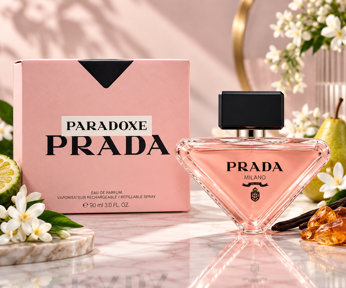 Prada Paradoxe Milano perfume bottle and its pink box, styled on a marble surface with flowers, a lime, and a pear in a soft, warm setting.