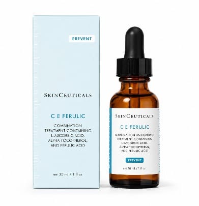SkinCeuticals C E Ferulic skincare set featuring an amber glass dropper bottle and its light blue packaging box, displayed on a clean white background.