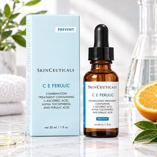 SkinCeuticals C E Ferulic combination treatment bottle and matching light blue box on a marble surface, with a dropper bottle, amber glass bottle, leaves, and an orange slice in a bright studio setting.
