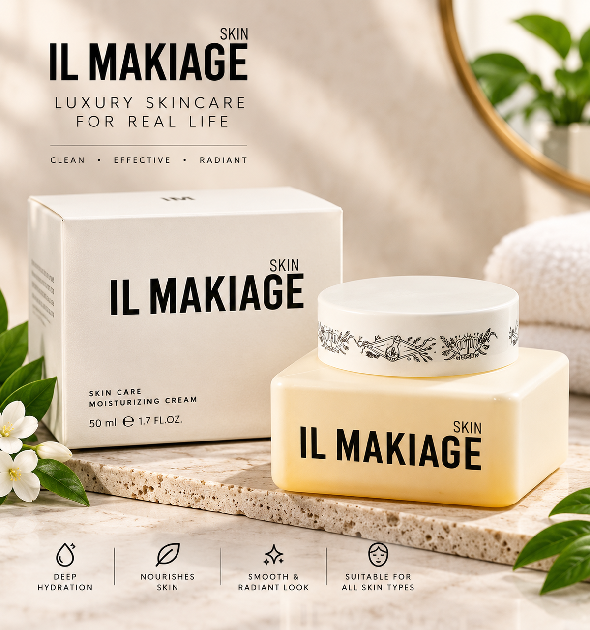 Skin Il Makiage luxury skincare cream shown with its white box and a pale yellow cream jar on a stone surface, with decorative flowers, leaves, and a soft beige background.