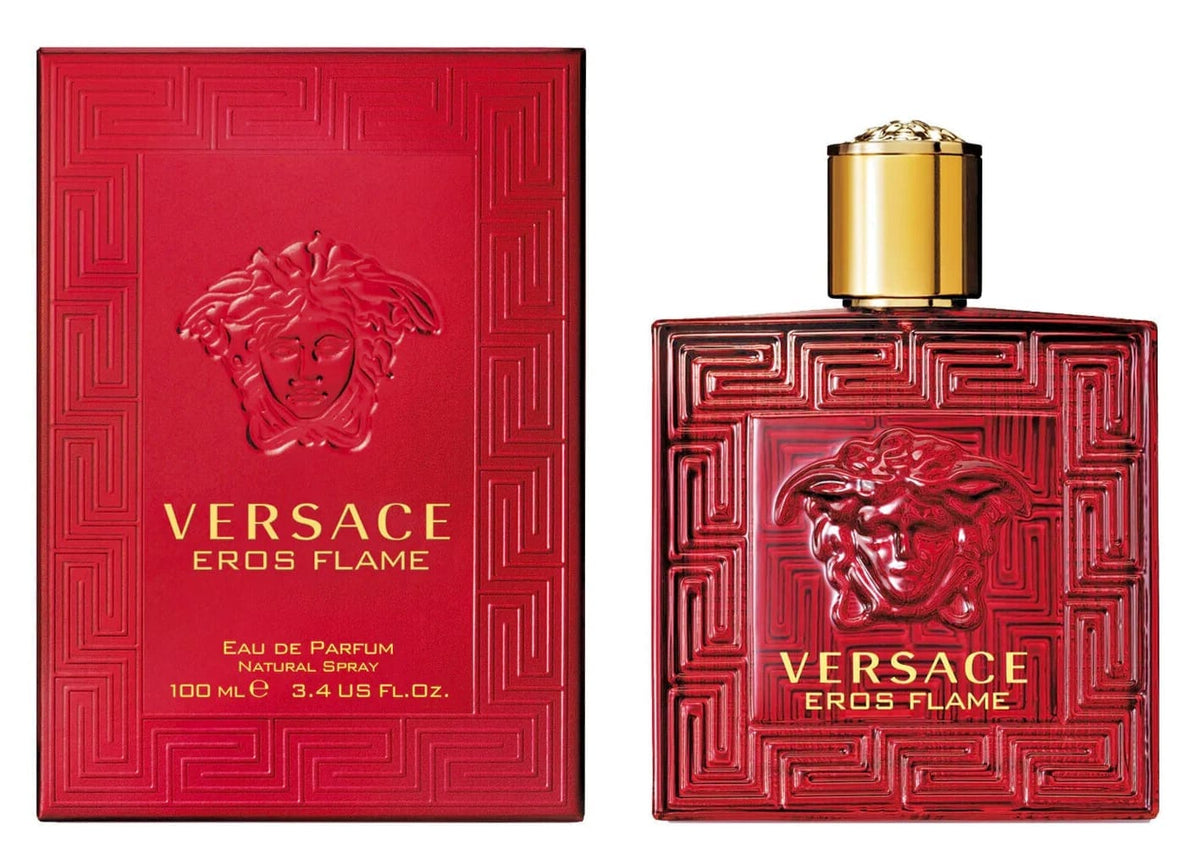 Versace Eros Flame Eau de Parfum 100ml bottle and its red packaging box, featuring a red embossed Medusa head and Greek key pattern with gold lettering.